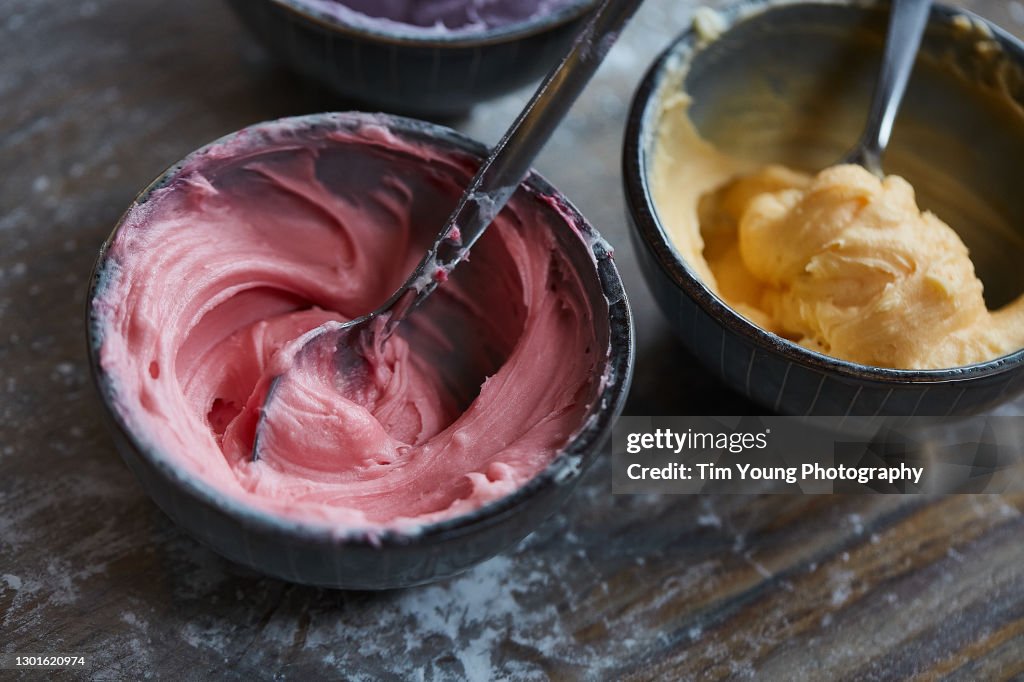 Close up of coloured buttercream icing mixture