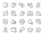 Notification icons set. Collection of simple linear web icons such as Phone Notifications, Remove Notifications, Attention, Document, Message, Settings Notifications and others Editable vector stroke.