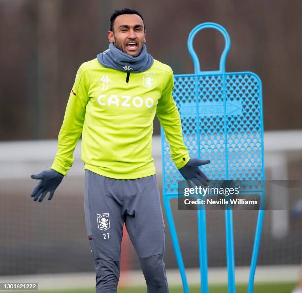 Ahmed Elmohamady of Aston Villa in action during training session at Bodymoor Heath training ground on February 11, 2021 in Birmingham, England.