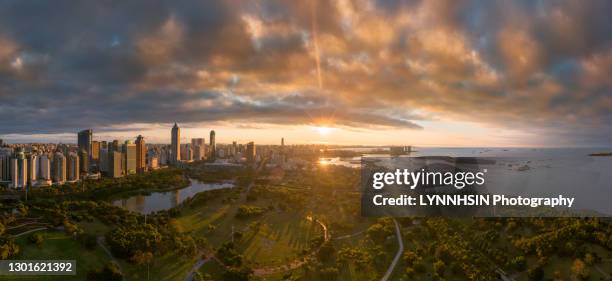 haikou binhai avenue skyline golden hour towards the sun taken from evergreen park drone perspective - haikou bildbanksfoton och bilder