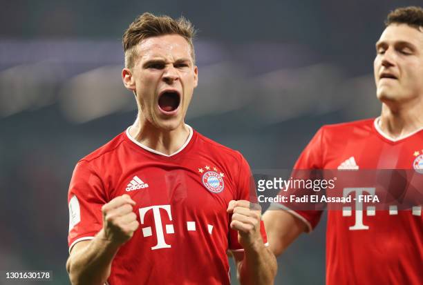 Joshua Kimmich of FC Bayern Muenchen celebrates after scoring their team's first goal which was later disallowed by VAR during the FIFA Club World...