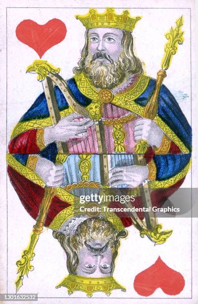 View of a hand-colored 'King of Hearts' from deck of playing cards, France, circa , 1830.