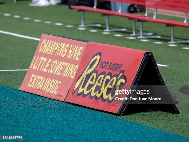 General view of the Reese's Logo on a sign before the start of the 2021 Resse's Senior Bowl at Hancock Whitney Stadium on the campus of the...