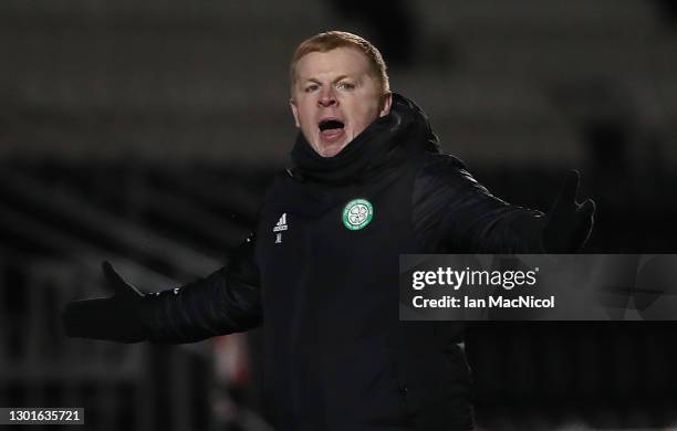 Celtic manager Neil Lennon reacts during the Ladbrokes Scottish Premiership match between St. Mirren and Celtic at SMISA Stadium on February 10, 2021...