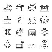 Seaport, icon set. Equipment for the shipping industry. Marine port and freight vessels. Logistic. Line with editable stroke