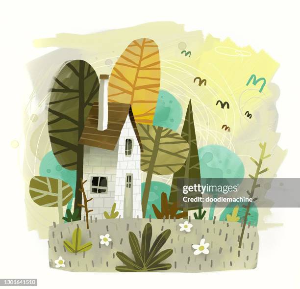 forest cabin - bilderbuch illustrationen stock-grafiken, -clipart, -cartoons und -symbole