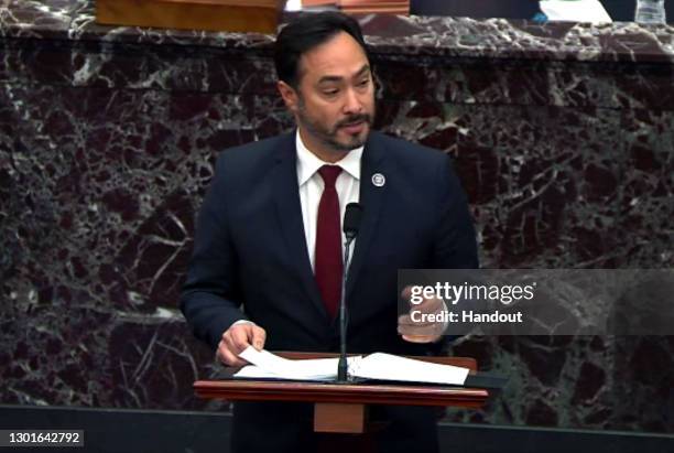 In this handout provided by congress.gov webcast, Rep. Joaquin Castro speaks during the third day of former President Donald Trump's second...