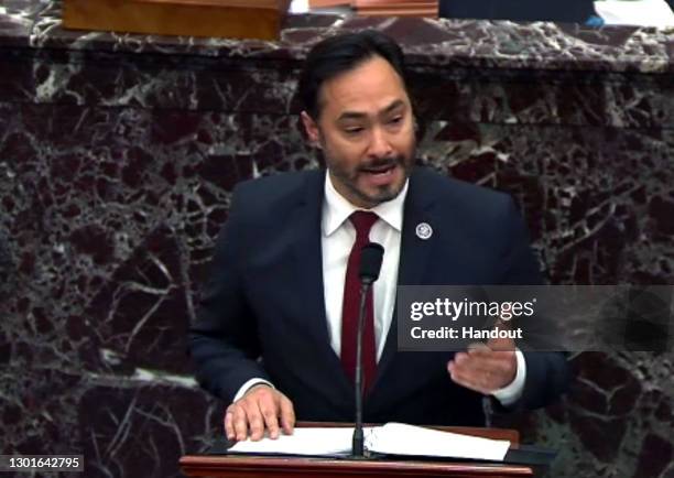 In this handout provided by congress.gov webcast, Rep. Joaquin Castro speaks during the third day of former President Donald Trump's second...