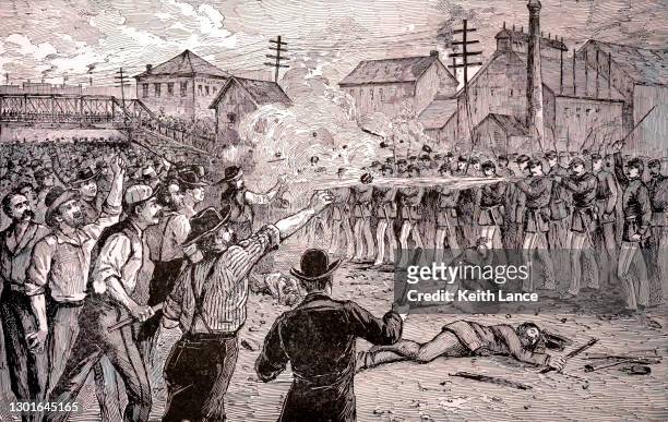 halsted street riot in chicago, 1877 - renegades v strikers stock illustrations