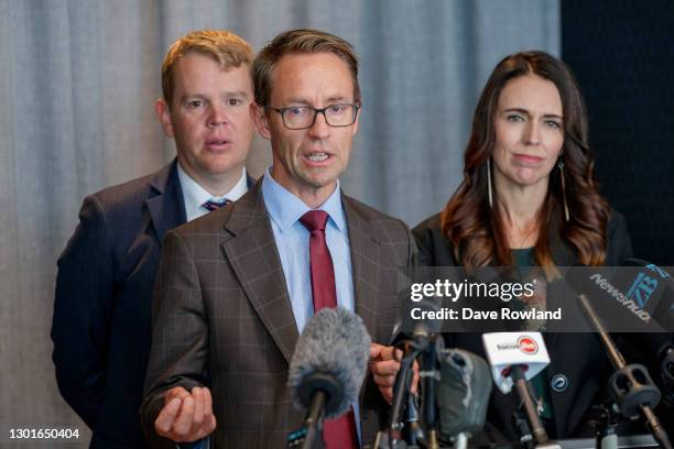 Minister for Covid-19 Response Chris Hipkins , Director General of Health Dr Ashley Bloomfield speaking and New Zealand Prime Minister Jacinda Ardern...