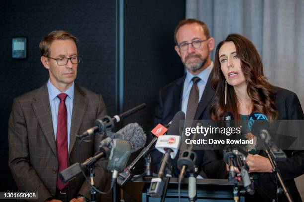 Director General of Health Dr Ashley Bloomfield , Minister of Health Andrew Little and New Zealand Prime Minister Jacinda Ardern speaking at the...