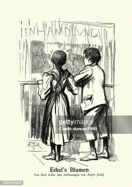 young boy and girl looking in a shop window, german, victorian, 19th century - shop window stock illustrations
