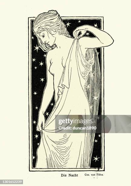 illustrazioni stock, clip art, cartoni animati e icone di tendenza di illustrazione di una giovane donna, la notte, die nacht, tedesco 19 ° secolo - art nouveau