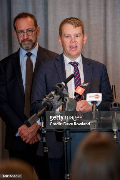 Minister of Health Andrew Little listens to Minister for Covid-19 Response Chris Hipkins speaking at the announcement about the arrival of the...