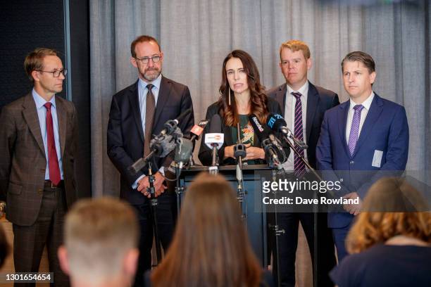 Director General of Health Dr Ashley Bloomfield , Minister of Health Andrew Little, New Zealand Prime Minister Jacinda Ardern speaking, Minister for...