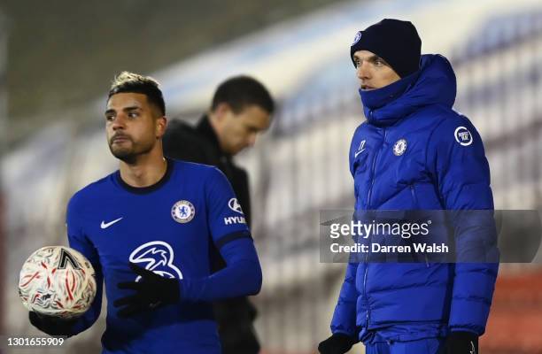 Manager of Chelsea, Thomas Tuchel reacts behind Emerson Palmieri of Chelsea during The Emirates FA Cup Fifth Round match between Barnsley and Chelsea...