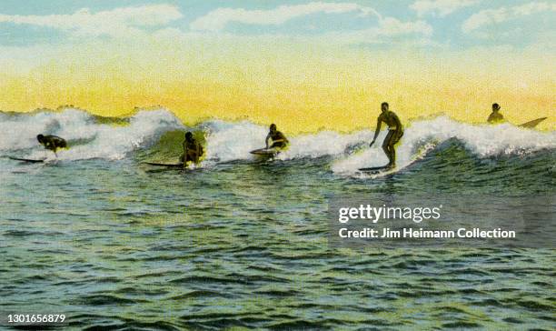 Souvenir postcard shows four surfers riding a small, two or three foot wave at Waikiki, circa 1912.