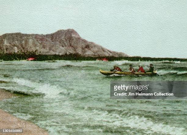 Souvenir postcard shows four people in a paddle boat riding a wave at Waikiki, circa 1905.