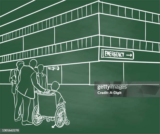 ilustraciones, imágenes clip art, dibujos animados e iconos de stock de edificio hospitalario de emergencia fuera de pizarra - urgencias-hospital