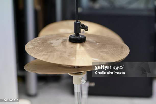 set of drummer cymbals in recording studio. - cymbal bildbanksfoton och bilder