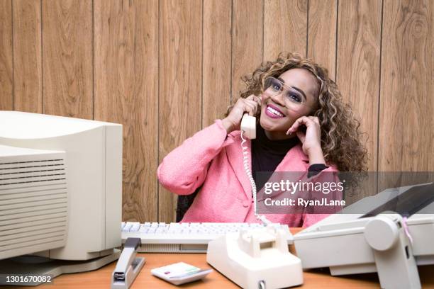 retro secretary at computer desk in vintage office - 1980 office stock pictures, royalty-free photos & images