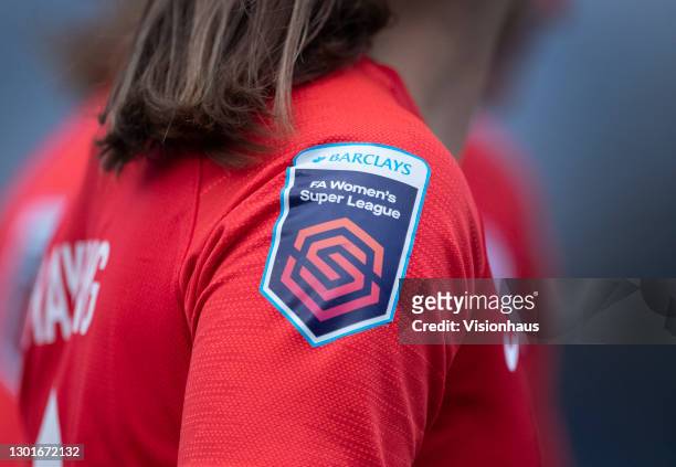 The official Barclays FA Women's Super League badge on the sleeve of a Birmingham City player during the Barclays FA Women's Super League match...