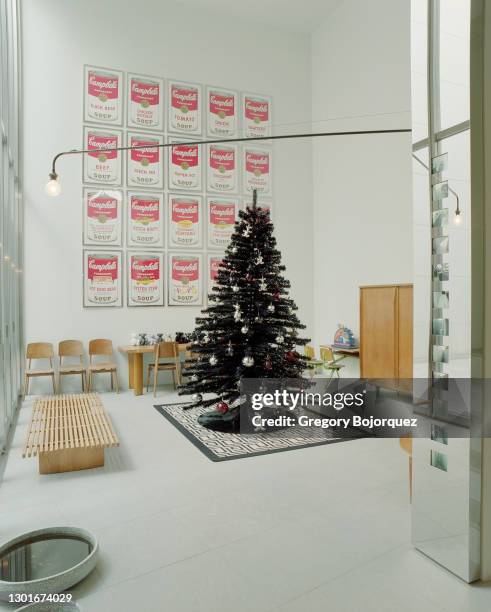 Japanese fashion designer, Nigo's house seen with a Gucci Christmas tree, Andy Warhol paintings, and Eames furniture in February, 2004 in Shibuya,...