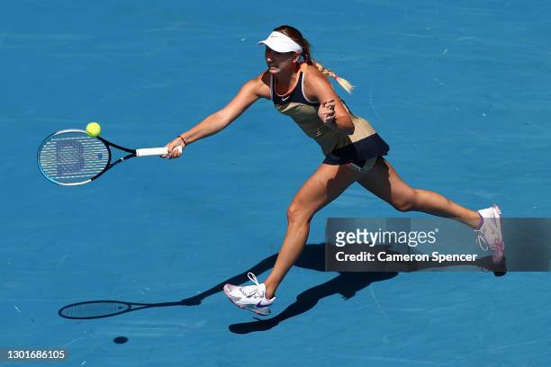 Anastasia Potapova of Russia plays a forehand in her Women's Singles third round match against Serena Williams of the United States during day five...