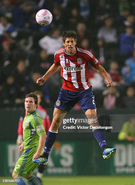 Andrew Boyens of Chivas USA head the ball during the MLS match against the Seattle Sounders FC at The Home Depot Center on October 22, 2011 in...