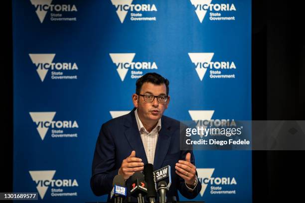 Victoria Premier Daniel Andrews speaks at a news conference on February 12, 2021 in Melbourne, Australia. All of Victoria will enter stage 4 lockdown...