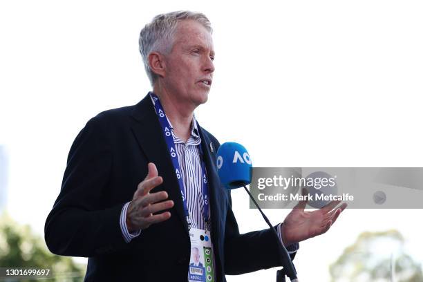 Craig Tiley, CEO of Tennis Australia speaks at a press conference during day five of the 2021 Australian Open at Melbourne Park on February 12, 2021...