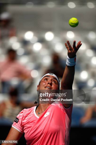 Ons Jabeur of Tunisia serves in her Women's Singles third round match against Naomi Osaka of Japan during day five of the 2021 Australian Open at...