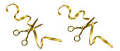 Golden scissors cut ribbon on grand open ceremony