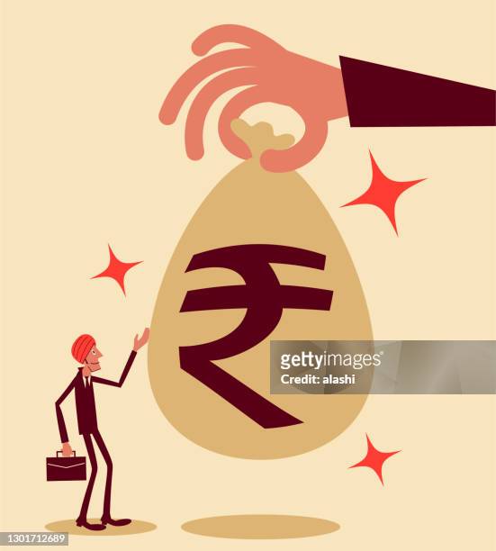 riesige hand (big business, regierung) geben dem kleinen geschäftsmann eine große geldtasche mit einem indischen rube-zeichen - indian currency stock-grafiken, -clipart, -cartoons und -symbole