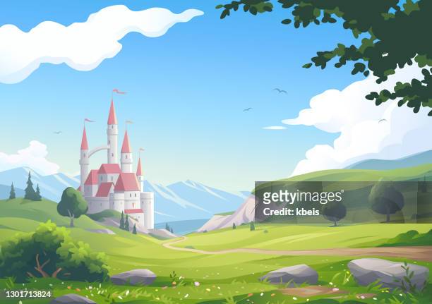 illustrazioni stock, clip art, cartoni animati e icone di tendenza di bellissimo paesaggio con castello - immaginazione