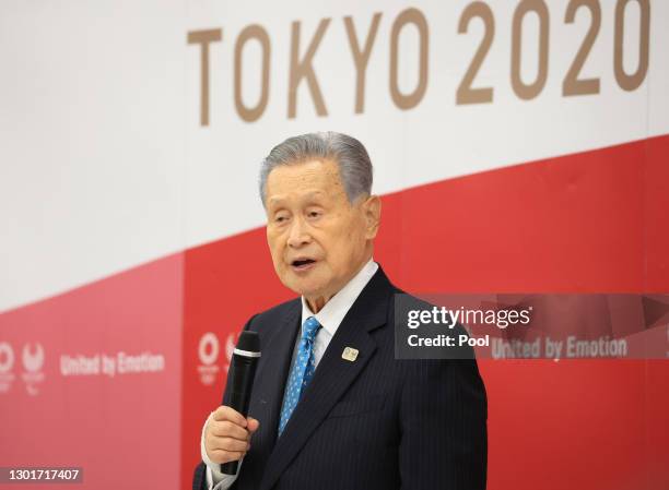 Tokyo 2020 Organising Committee President Yoshiro Mori speaks during the Tokyo 2020 Council and Executive Board meeting on February 12, 2021 in...