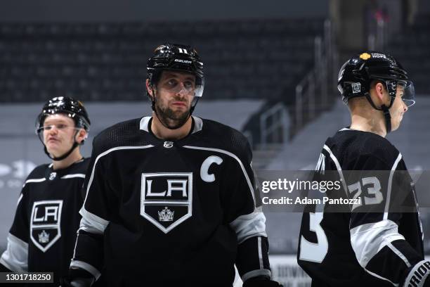 Anze Kopitar of the Los Angeles Kings looks on during the second period against the San Jose Sharks at STAPLES Center on February 11, 2021 in Los...