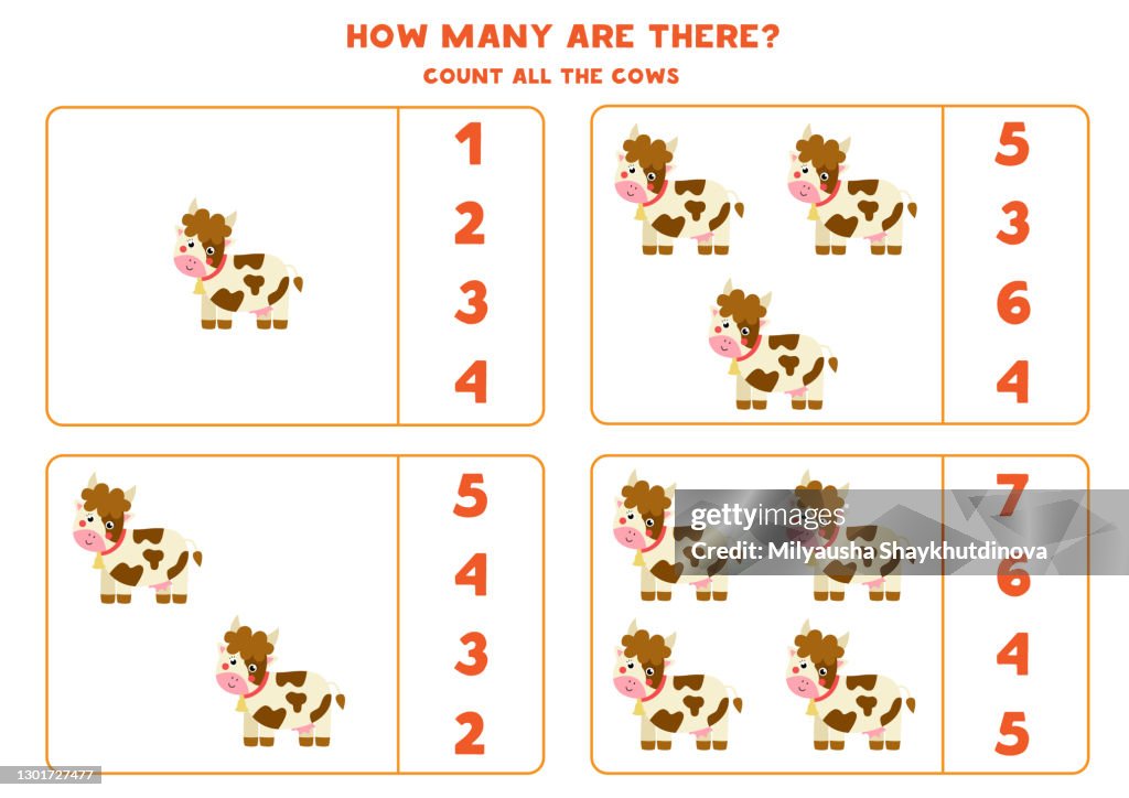 Counting Game With Farm Cows Math Worksheet High-Res Vector Graphic ...