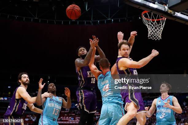 Jarell Martin of the Kings has his shot blocked by Colton Iverson of the Breakers during the round five NBL match between the Sydney Kings and the...