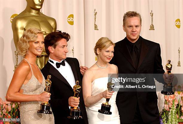 Charlize Theron, winner of Best Actress for "Monster," Sean Penn, winner of Best Actor for "Mystic River," Renee Zellweger, winner of Best Supporting...