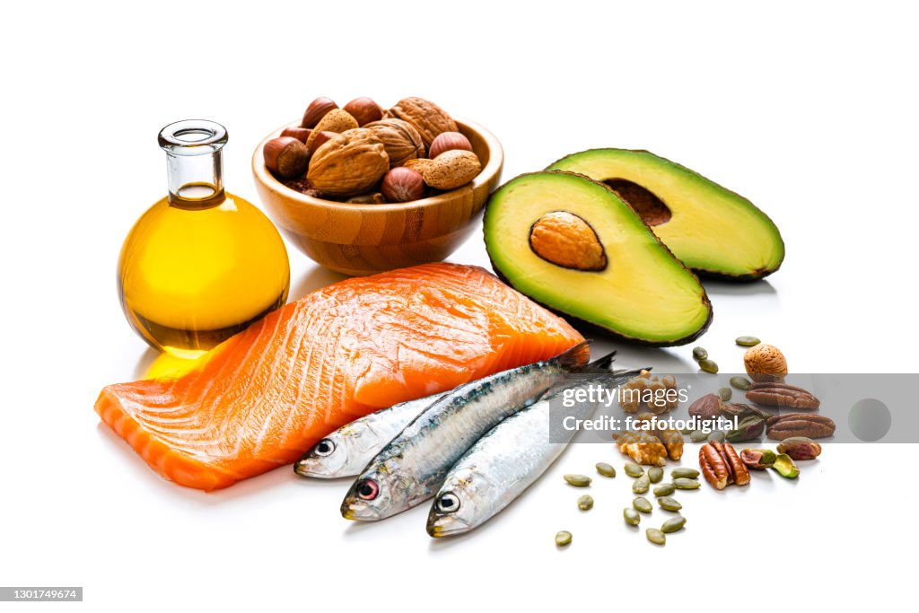 Food with high content of healthy fats isolated on white background