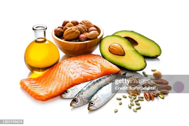 food with high content of healthy fats isolated on white background - fat imagens e fotografias de stock