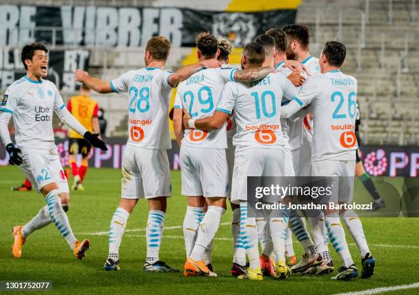 Arkadiusz Milik goal celebration and OM players during the Ligue 1 match between RC Lens and Olympique Marseille at Stade Bollaert-Delelis on...