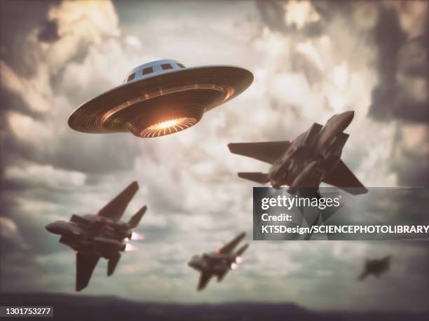 fighter jets intercepting ufo, illustration - air force stock illustrations