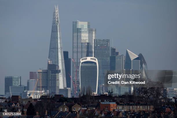 General view of the City of London and the Shard on February 12, 2021 in London, England. The ONS figures released today show that the UK Economy...