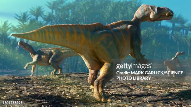 artwork of iguanodon bernissartensis - quadrupedalism stock illustrations