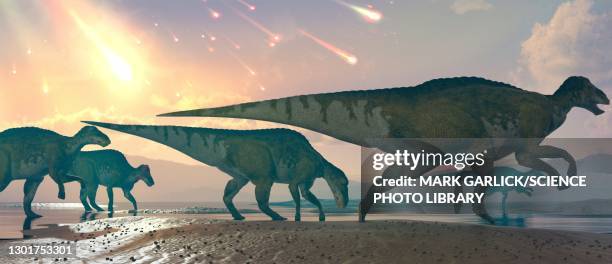 asteroids raining on dinosaurs - hadrosaurid stock illustrations