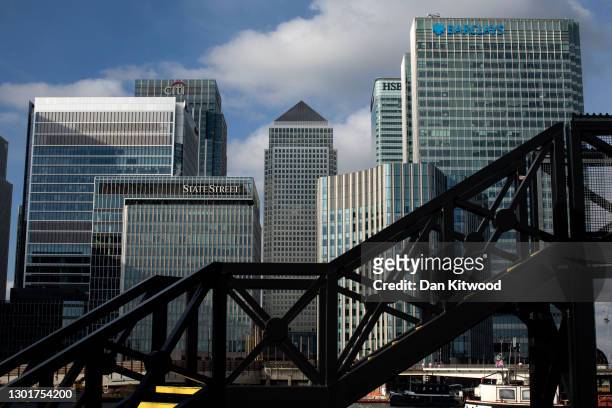 General view of the Canary Wharf business district on February 12, 2021 in London, England. The ONS figures released today show that the UK Economy...