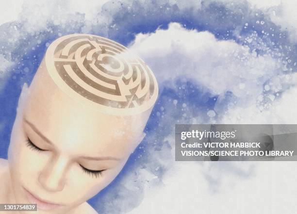 confusion, conceptual illustration - brain maze stock illustrations