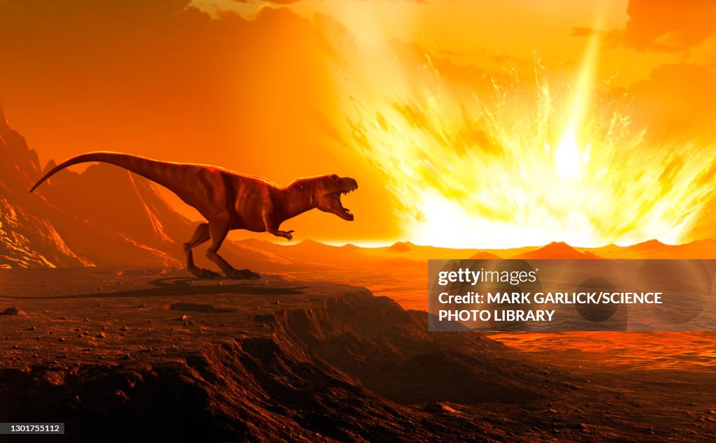 Tyrannosaurus observing asteroid impact, illustration
